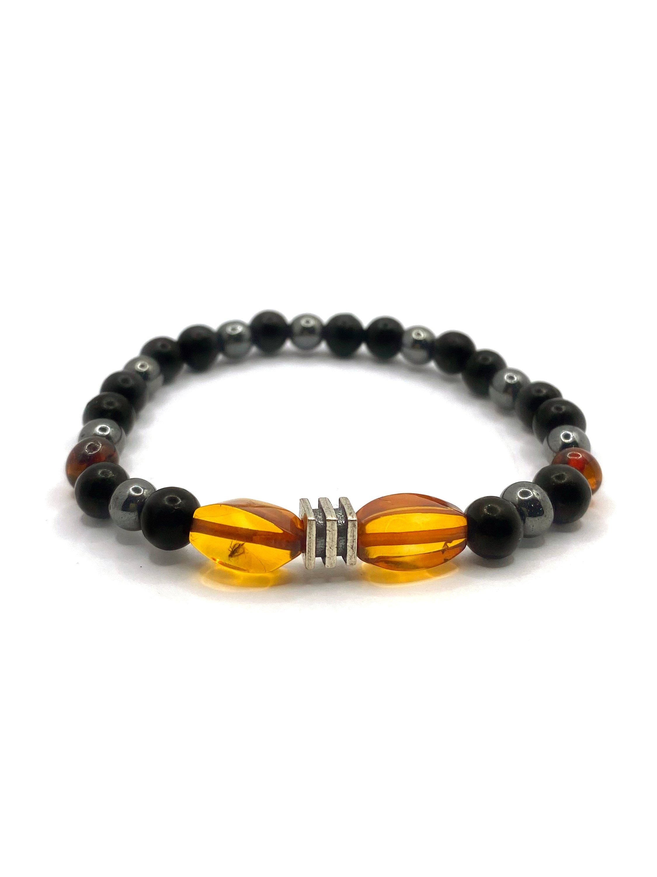 Kehribar, Şungit (Shungite) ve Hematit Doğal Taş Bileklik – 6 mm Misinalı, Unisex Tasarım