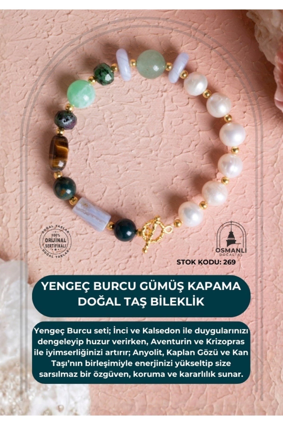 Yengeç Burcu Gümüş Kapama Doğal Taş Bileklik (SK:269)