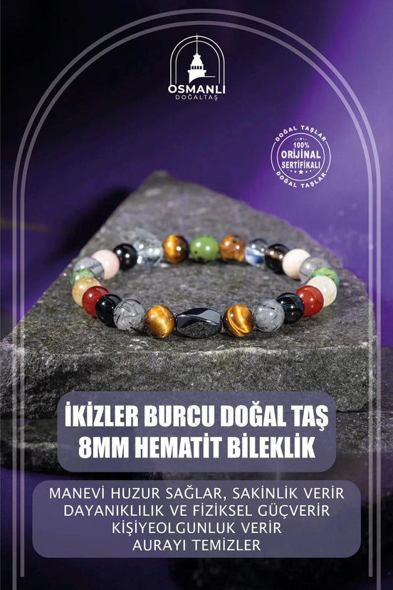 İkizler Burcu Bileklik Güneş Taşı, Kaplan Gözü, Kırmızı Akik, Kristal Kuvars, Rutilli Kuvars, Sitrin, Yeşim