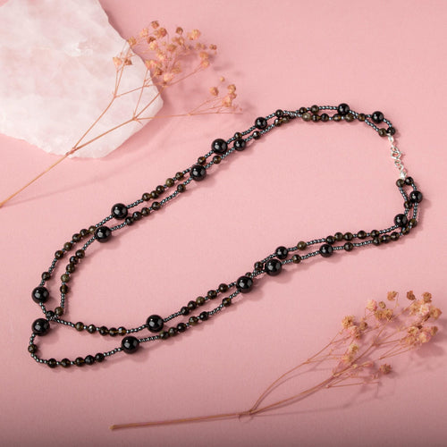 Siyah Turmalin & Obsidyen Doğal Taş 925 Ayar Gümüş Kolye – Özel Tasarım (50 cm)