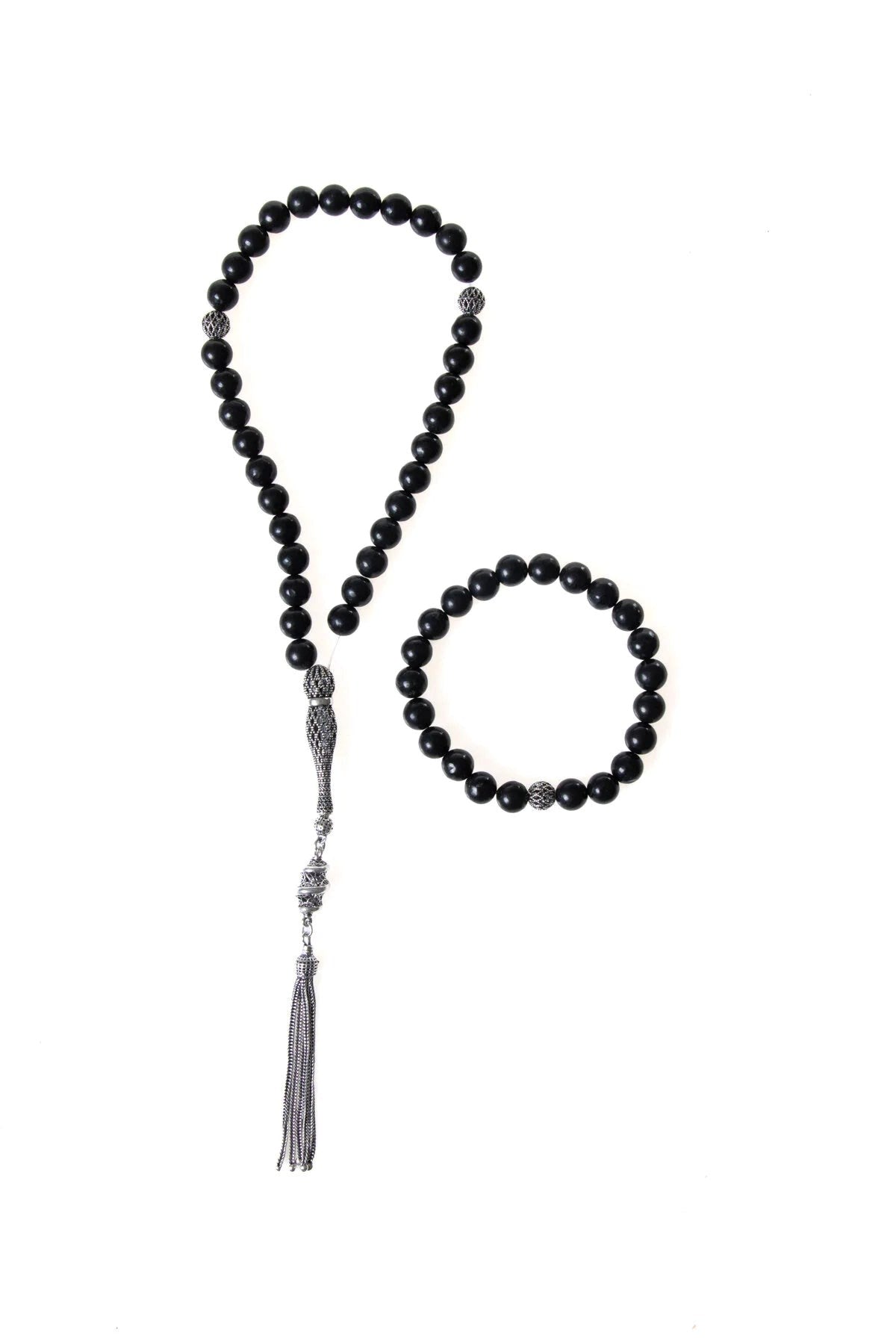 Sertifikalı Shungite 925 Ayar Gümüş 8 mm İmameli Tesbih & Bileklik Seti