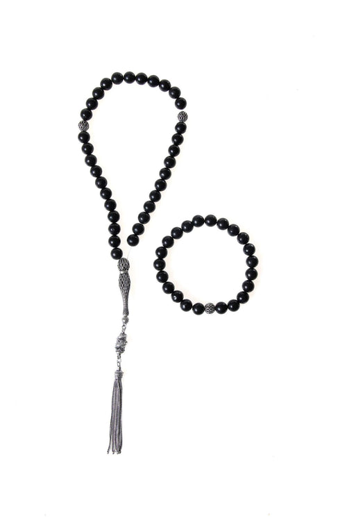 Sertifikalı Shungite 925 Ayar Gümüş 8 mm İmameli Tesbih & Bileklik Seti