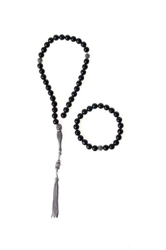 Sertifikalı Shungite 925 Ayar Gümüş 8 mm İmameli Tesbih & Bileklik Seti