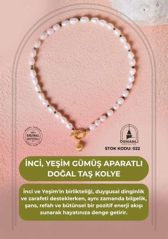 İnci, Yeşim Gümüş Aparatlı Doğal Taş Kolye (SK:022)
