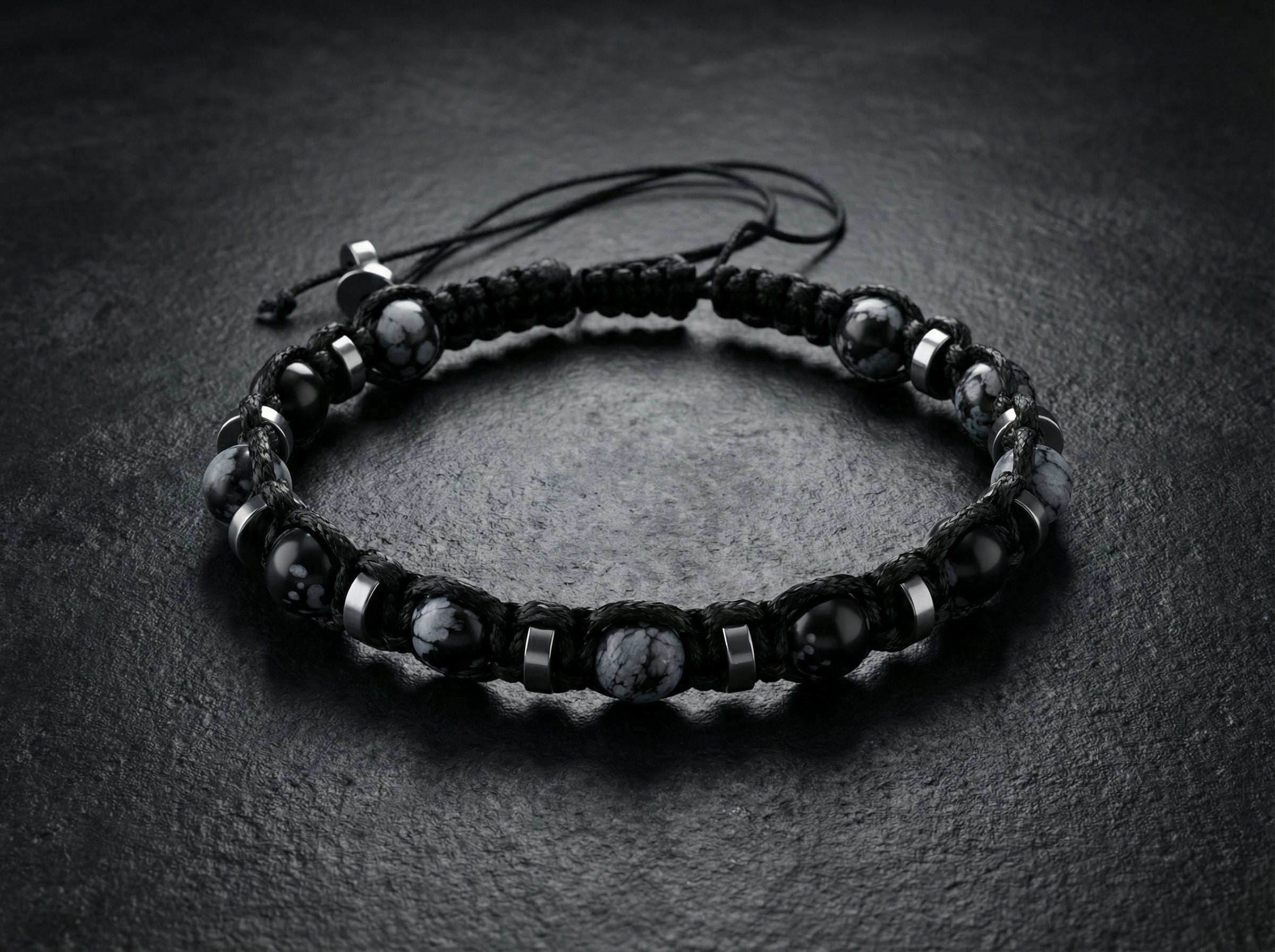 Karlı Obsidyen & Hematit – 6 mm – İpli Model Erkek Bilekliği