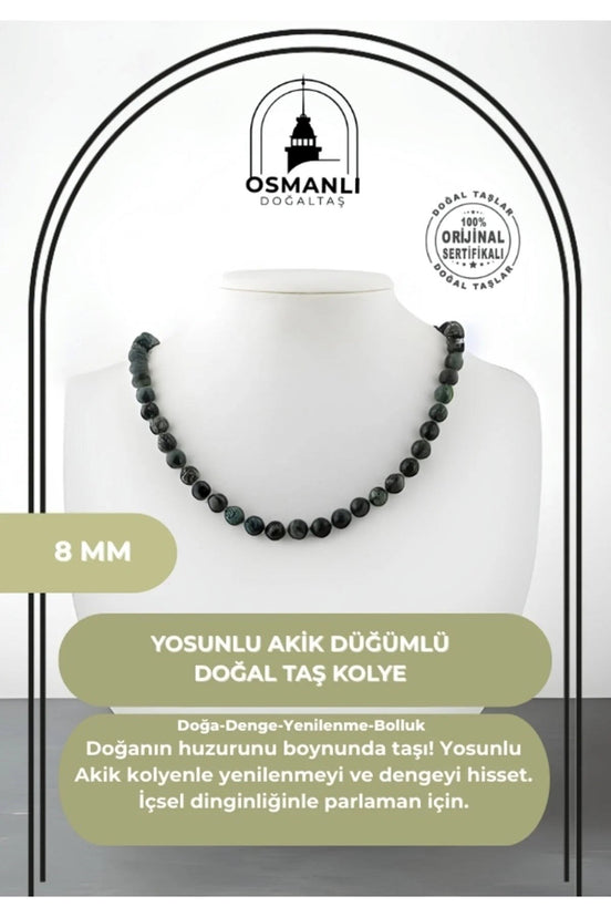 Yosunlu Akik 8 mm Düğümlü Doğal Taş Kolye