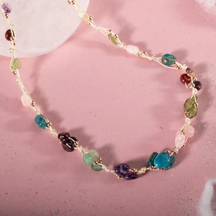 Başak Burcu Kolye Ametist, Bordo Granat Lal, Jasper, Mavi Apatit, Pembe Kuvars, Yeşil Aventurin, Zebercet (Peridot)