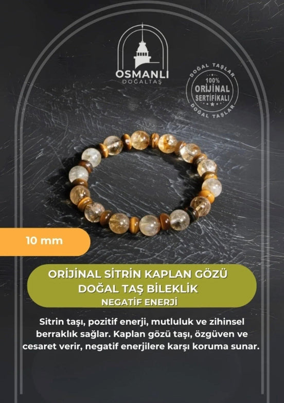 Orijinal Sitrin Kaplan Gözü Doğal Taş Bileklik- Negatif Enerji