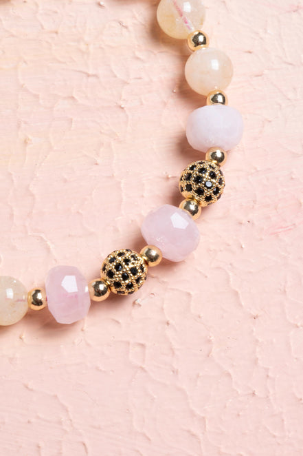 Sitrin ve Pembe Kuvars Doğal Taş Bileklik – Zirkon Aparatlı, Unisex Şık Tasarım