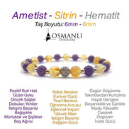 Sertifikalı Orijinal Hakiki 6mm Ametist - Sitrin - Gri Hematit - Zirkon Aparatlı Misinalı Bileklik