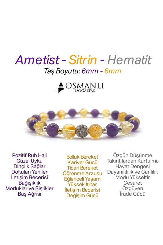 Sertifikalı Orijinal Hakiki 6mm Ametist - Sitrin - Gri Hematit - Zirkon Aparatlı Misinalı Bileklik