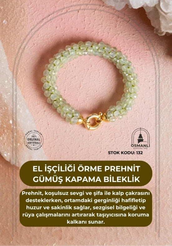 El İşçiliği Örme Prehnit Gümüş Kapama Bileklik (SK:132)