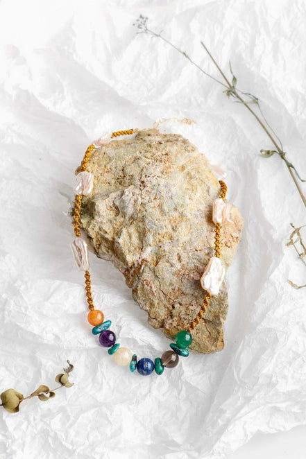 Çakra İnci Kolye Ametist, Dumanlı Kuvars, İnci, Lapis Lazuli, Sitrin