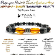 Orijinal Hakiki Kehribar - Shungite (Şungit) - Hematit Doğal Taş Misinalı Bileklik 6mm
