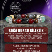 Boğa Burcu Bileklik Bronzit, Golden Obsidyen, Güneş Taşı, Kalsit, Kristal Kuvars, Krizokol, Mavi Apatit, Rutilli Kuvars, Yeşil Aventurin, Yeşim