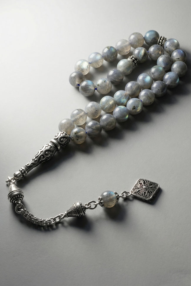 Labradorit Doğal Taş Tesbih – 925 Ayar Gümüş – 8 mm Küre Kesim