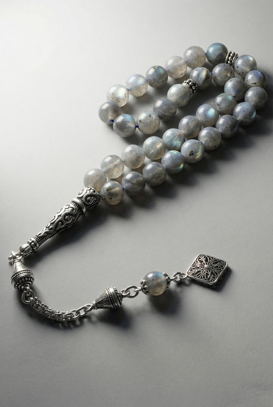 Labradorit Doğal Taş Tesbih – 925 Ayar Gümüş – 8 mm Küre Kesim