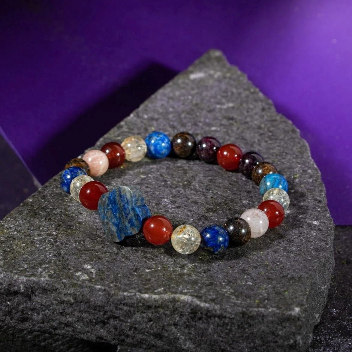 Aslan Burcu Bileklik Bordo Granat Lal, Bronzit, Güneş Taşı, Kırmızı Akik, Lapis Lazuli, Sitrin