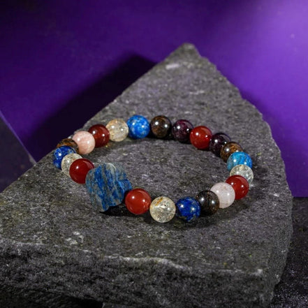 Aslan Burcu Bileklik Bordo Granat Lal, Bronzit, Güneş Taşı, Kırmızı Akik, Lapis Lazuli, Sitrin