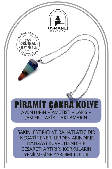 Piramit Çakra Doğal Taş Kolye Ucu Aventurin Ametist Lapis Jasper Akik Akuamarin (Çelik Zincir İle)