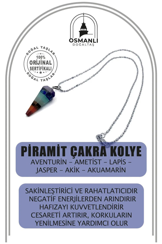 Piramit Çakra Doğal Taş Kolye Ucu Aventurin Ametist Lapis Jasper Akik Akuamarin (Çelik Zincir İle)