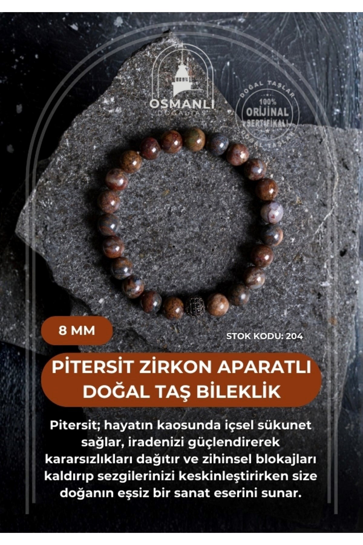 Sertifikalı Pitersit Zirkon Aparatlı Doğal Taş Bileklik-8 mm (SK:204)