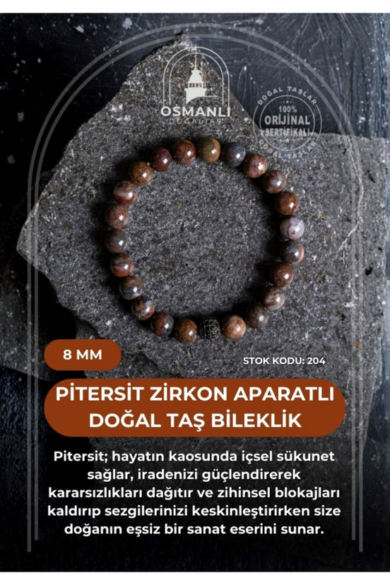 Sertifikalı Pitersit Zirkon Aparatlı Doğal Taş Bileklik-8 mm (SK:204)
