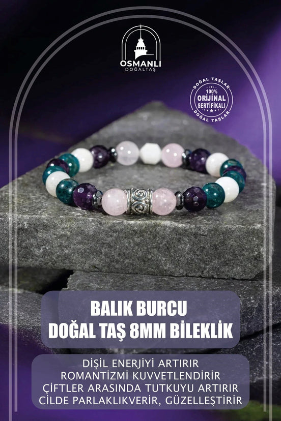 Balık Burcu Bileklik Ametist, Ay Taşı, Mavi Apatit, Pembe Kuvars, Selenit