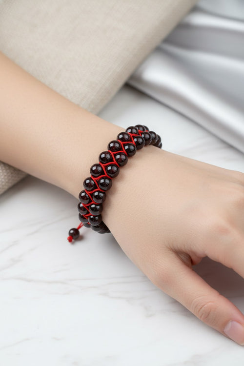 Bordo Granat (Lal) 8 mm Çift Sıra Makrome Doğal Taş Bileklik