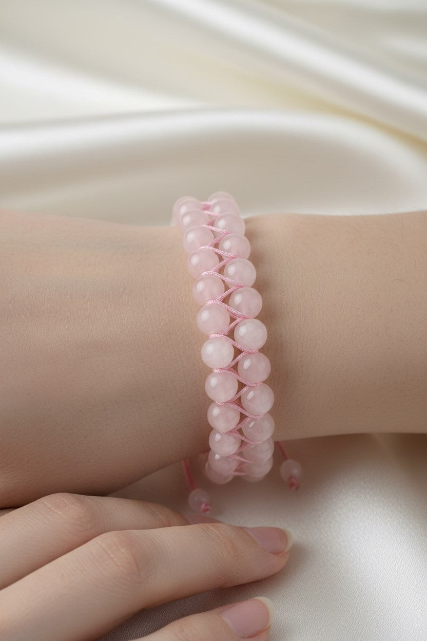 Pembe Kuvars (Gül Kuvars) 8 mm Çift Sıra Makrome Doğal Taş Bileklik