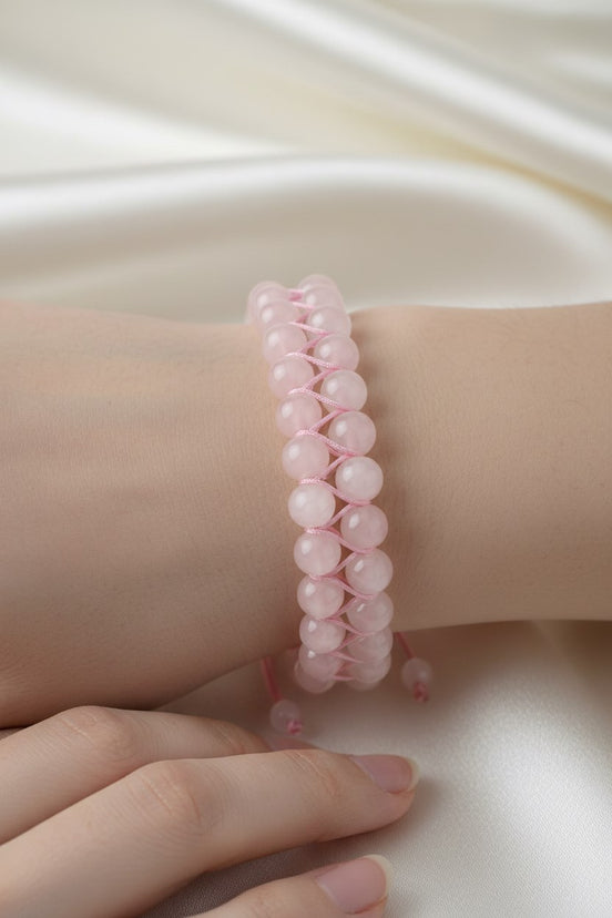 Pembe Kuvars (Gül Kuvars) 8 mm Çift Sıra Makrome Doğal Taş Bileklik
