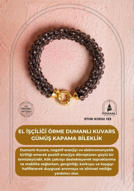 El İşçiliği Örme Dumanlı Kuvars Gümüş Kapama Bileklik (SK:123)