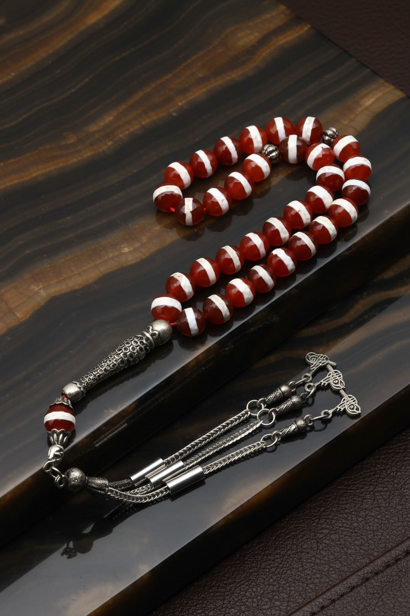 Beyaz Çizgili Akik Doğal Taş Tesbih – 8 mm Fasetli Küre Kesim