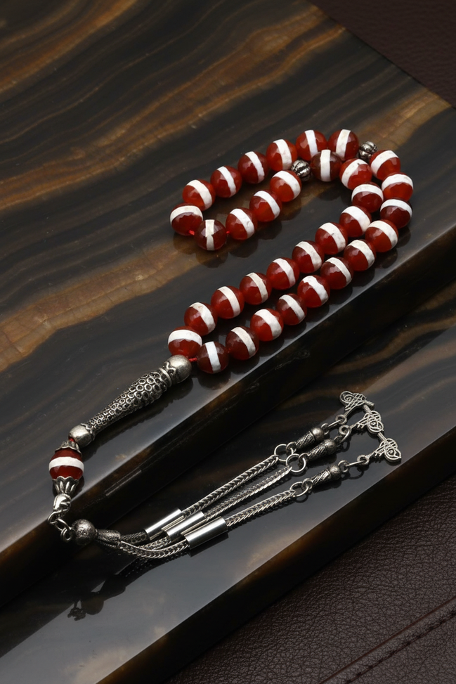 Beyaz Çizgili Akik Doğal Taş Tesbih – 8 mm Fasetli Küre Kesim