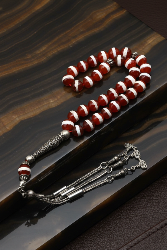 Beyaz Çizgili Akik Doğal Taş Tesbih – 8 mm Fasetli Küre Kesim