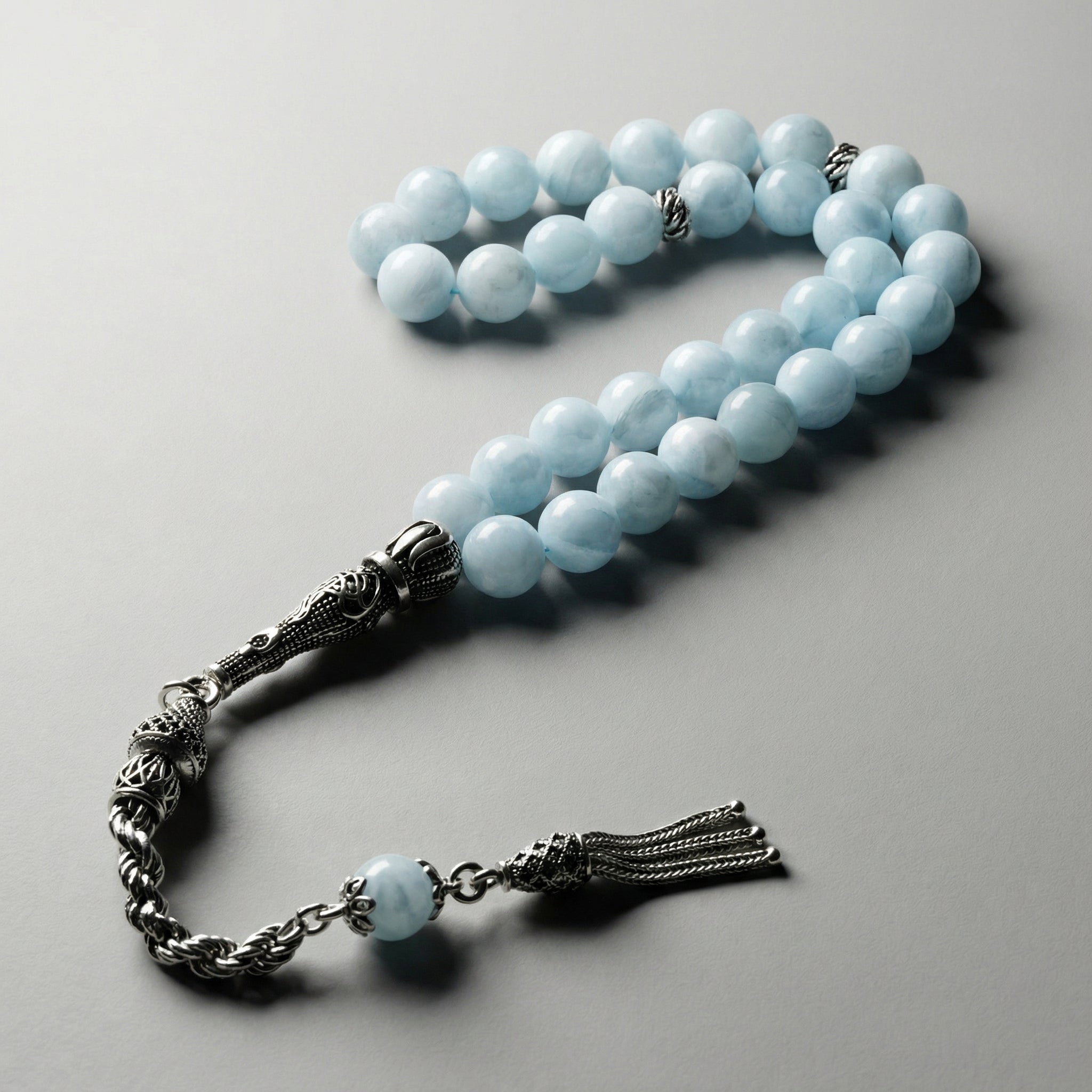 Akuamarin Doğal Taş Tesbih – 925 Ayar Gümüş – 8 mm Küre Kesim