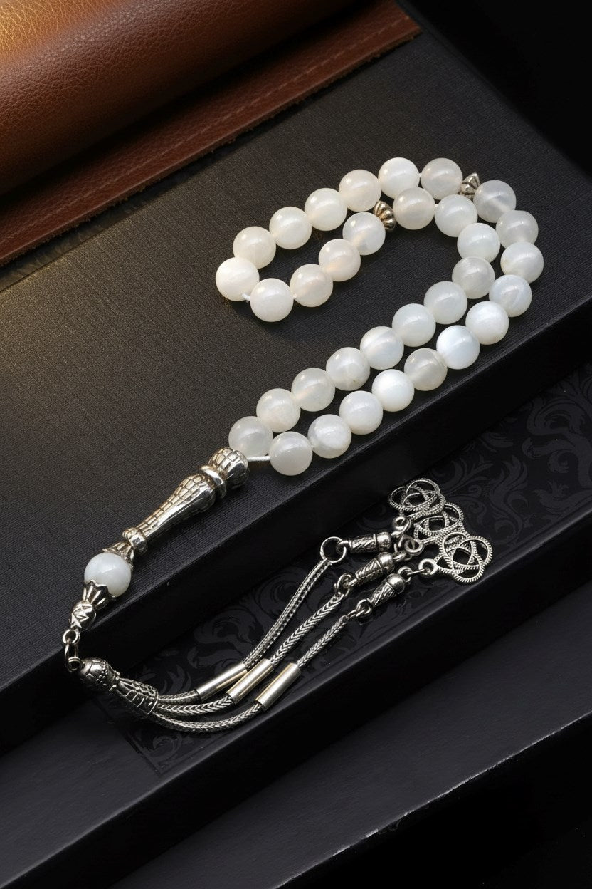 Ay Taşı Doğal Taş Tesbih – 8 mm Küre Kesim