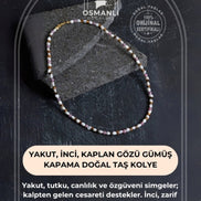 Yakut, İnci, Kaplan Gözü Gümüş Kapama Doğal Taş Kolye