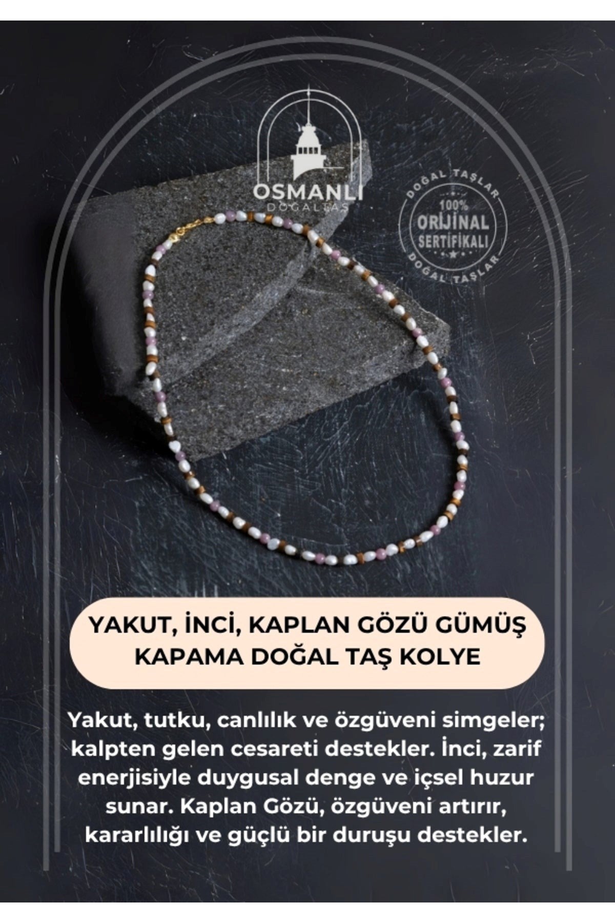 Yakut, İnci, Kaplan Gözü Gümüş Kapama Doğal Taş Kolye