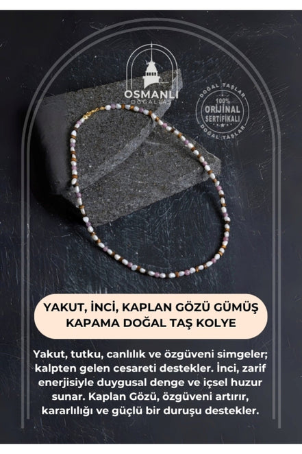 Yakut, İnci, Kaplan Gözü Gümüş Kapama Doğal Taş Kolye