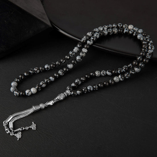 Karlı Obsidyen Doğal Taş Tesbih 99’luk – 6mm El İşçiliği