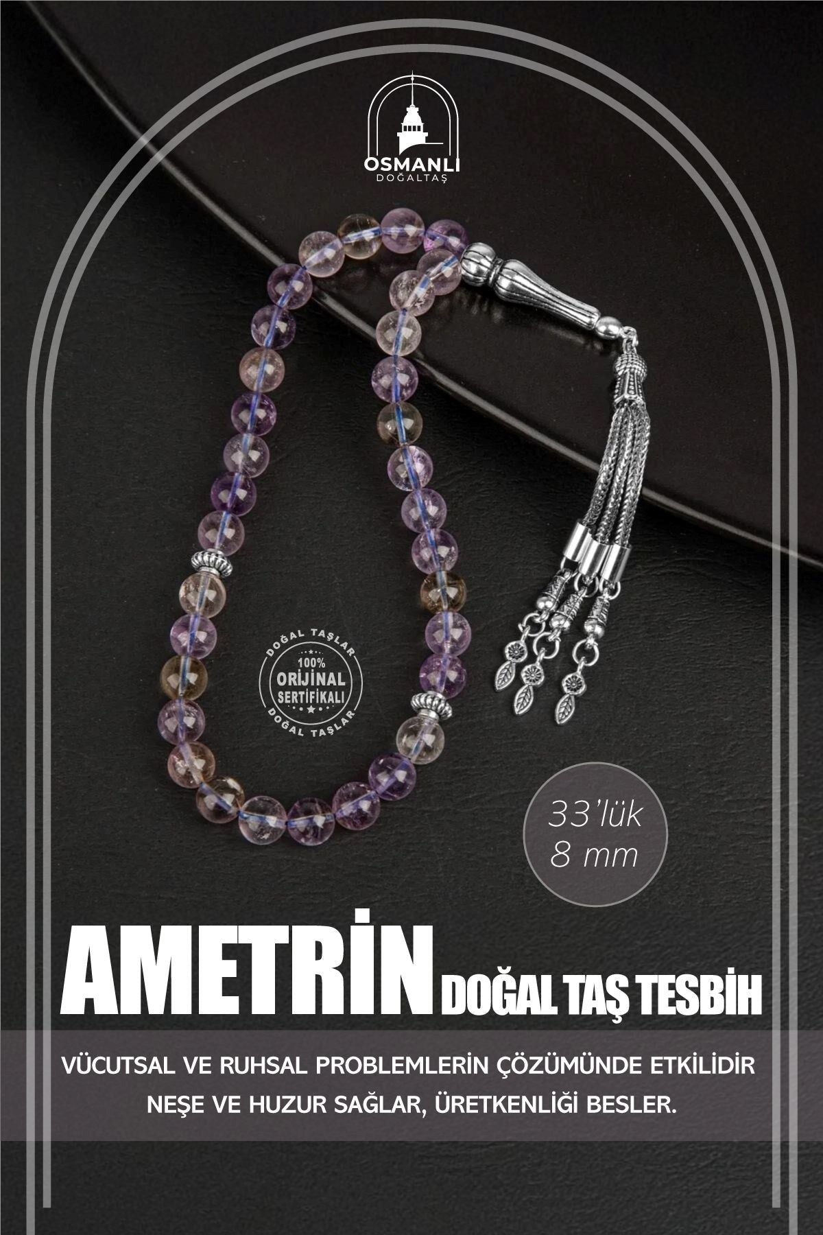 Ametrin Doğal Taş Tesbih 33lük - 8mm