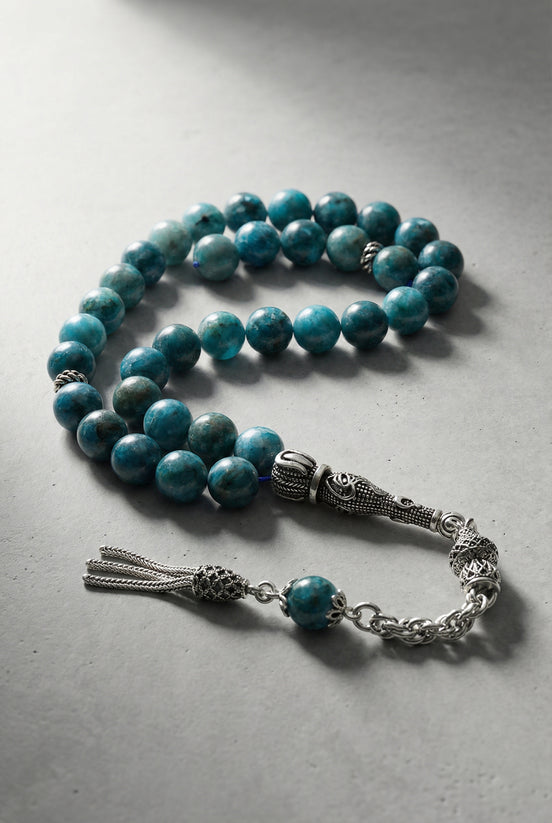 Apatit Doğal Taş Tesbih – 925 Ayar Gümüş – 8 mm Küre Kesim