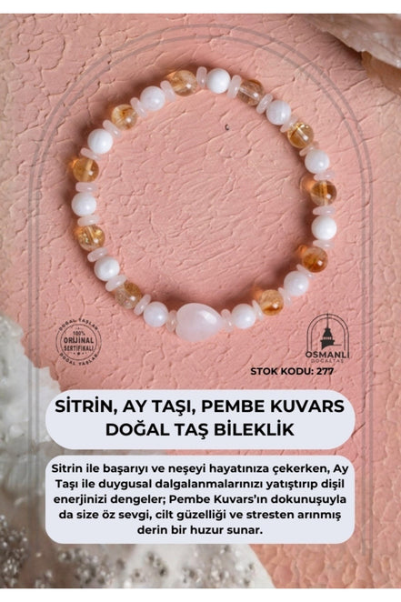 Sertifikalı Sitrin, Ay Taşı, Pembe Kuvars Doğal Taş Bileklik (SK:277)