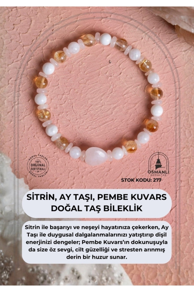 Sertifikalı Sitrin, Ay Taşı, Pembe Kuvars Doğal Taş Bileklik (SK:277)
