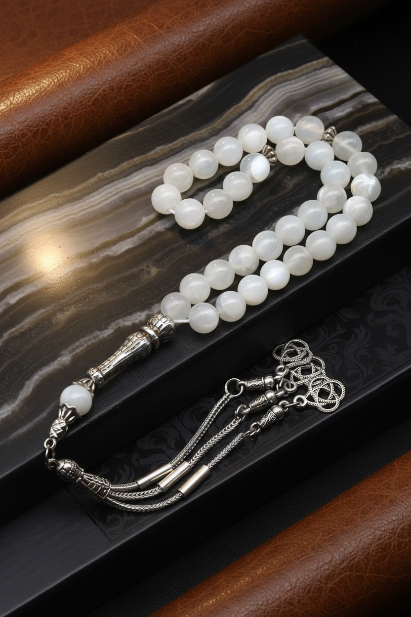 Ay Taşı Doğal Taş Tesbih – 8 mm Küre Kesim