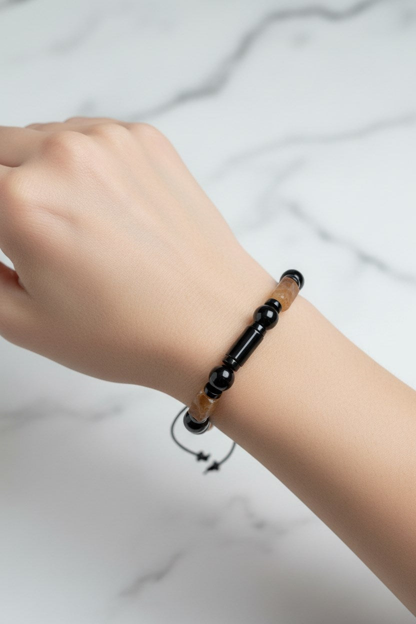 Akik ve Hematit Doğal Taş Makrome Bileklik – Unisex Şık Tasarım