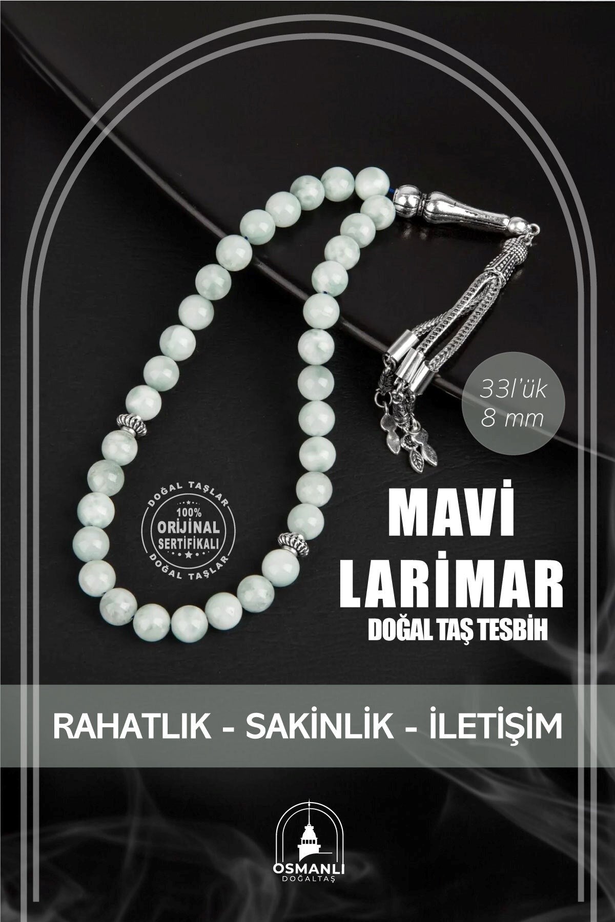 Mavi Larimar Doğal Taş Tesbih 33lük - 8mm