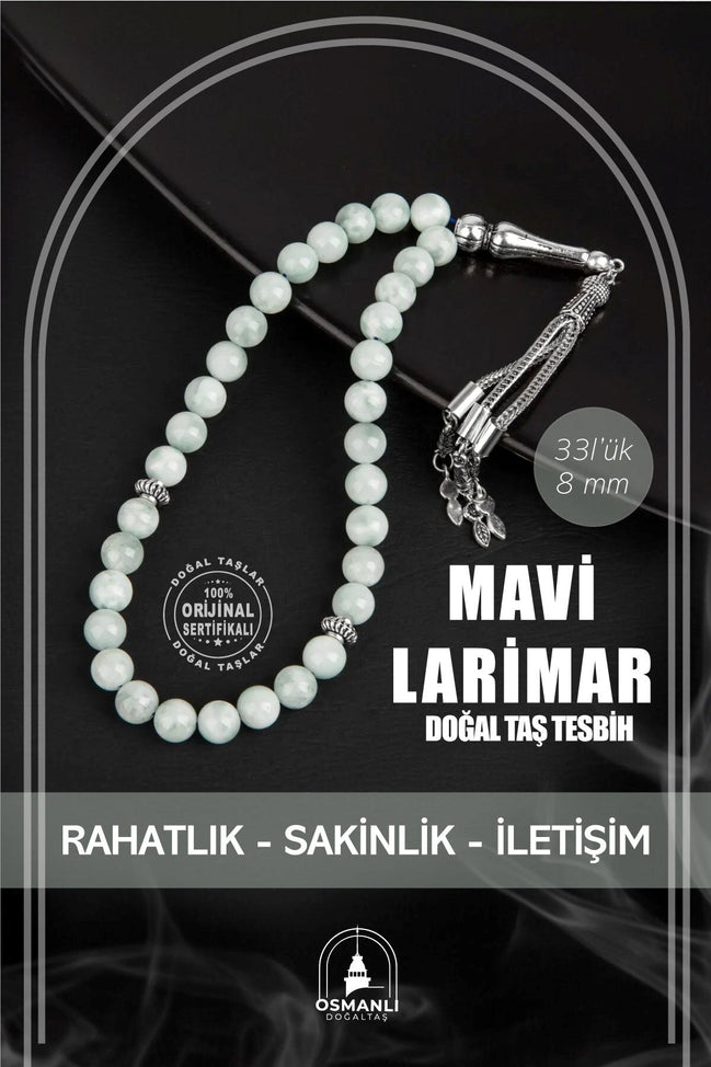 Mavi Larimar Doğal Taş Tesbih 33lük - 8mm