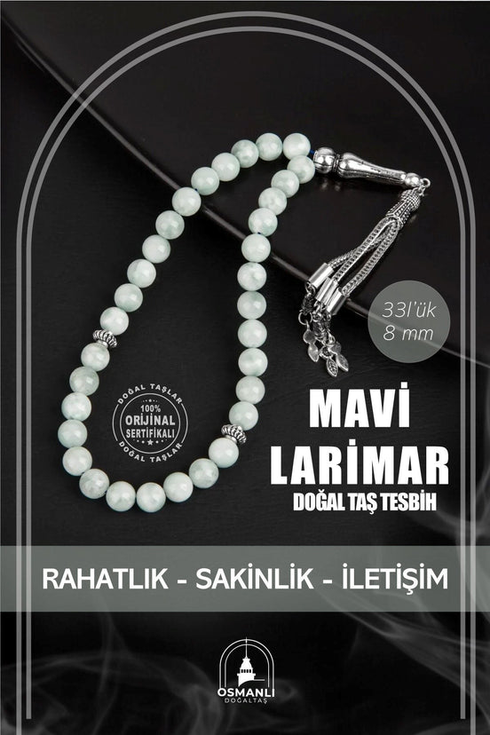 Mavi Larimar Doğal Taş Tesbih 33lük - 8mm